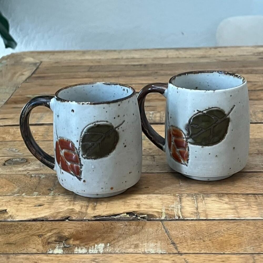 Vintage Otagiri Speckled Stoneware Mugs Set of 2 Rustic Fall Leaves